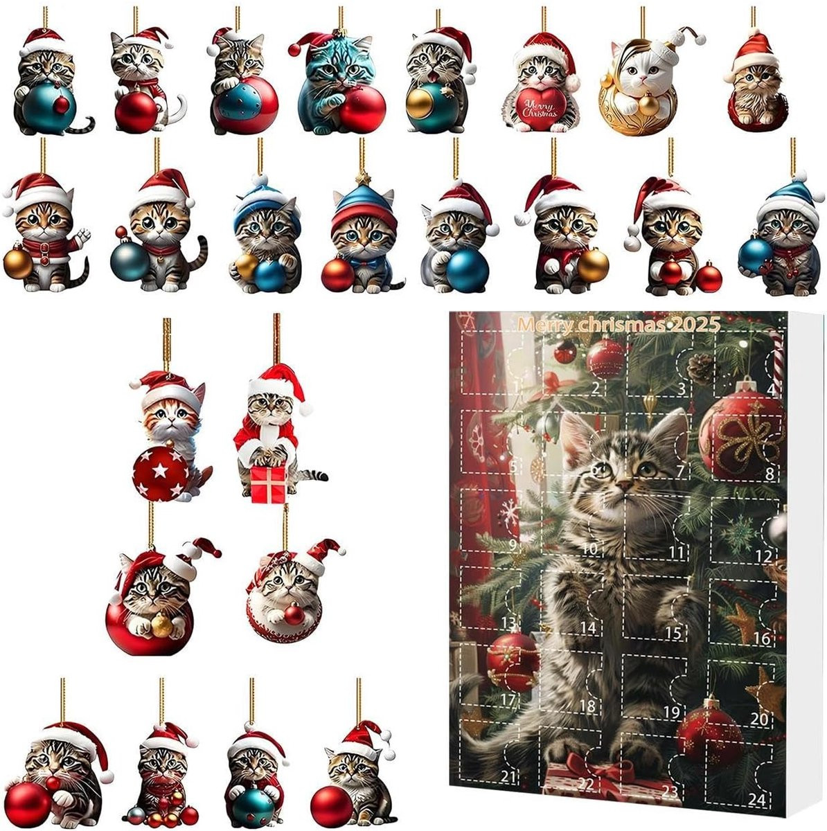 Adventskalender 2026 met 24 kleurrijke kattenhangers voor kinderen