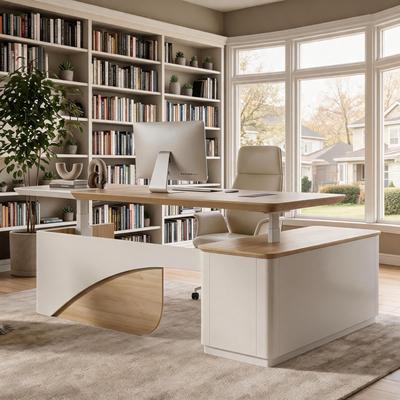 "WESOME 86"" White L Shaped Executive Height Adjustable Desk with File Cabinets Power and Charging"