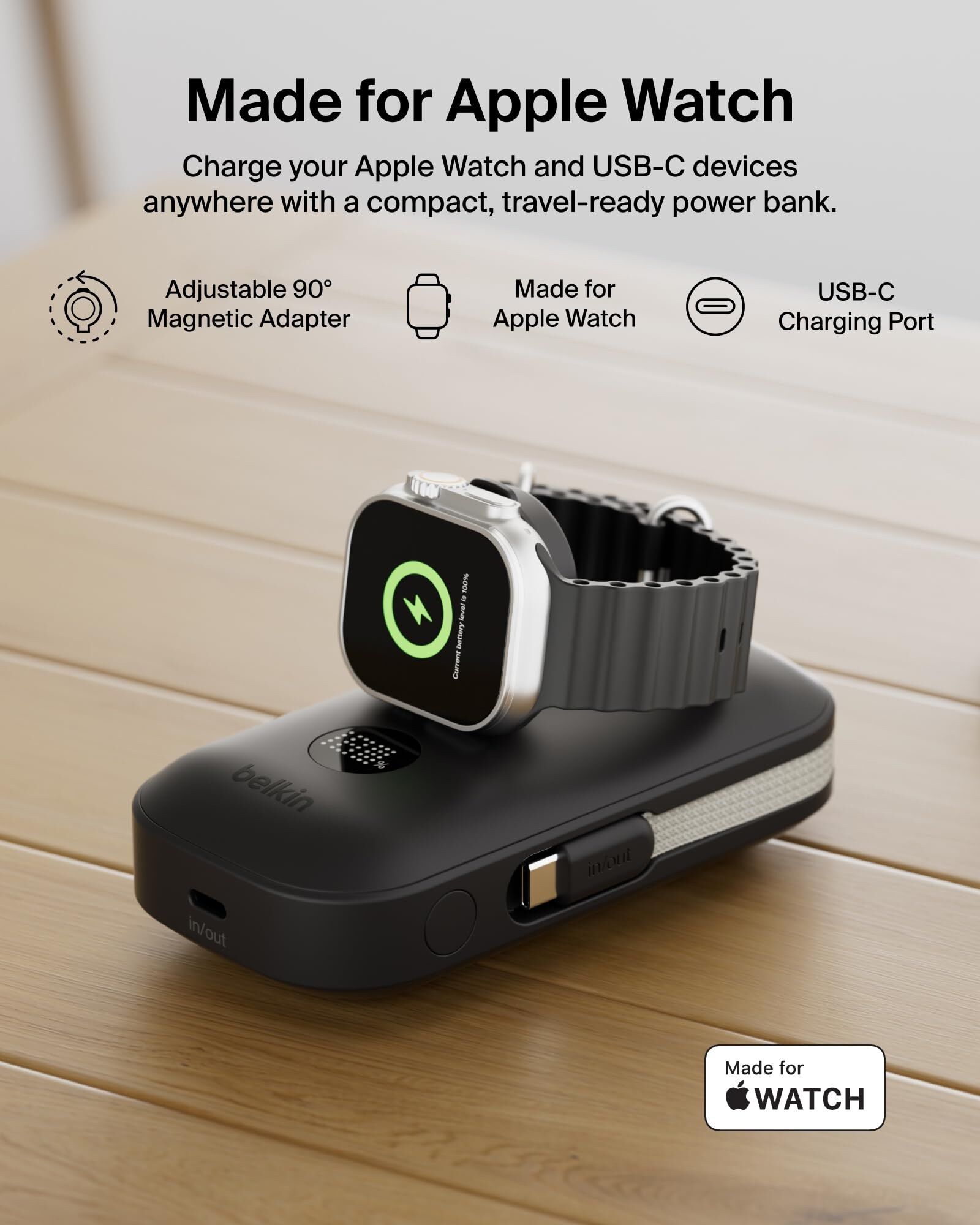 Belkin BoostCharge Pro 45W 10000mAh Power Bank with Apple Watch Charger, Integrated USB-C Cable and Display - Black