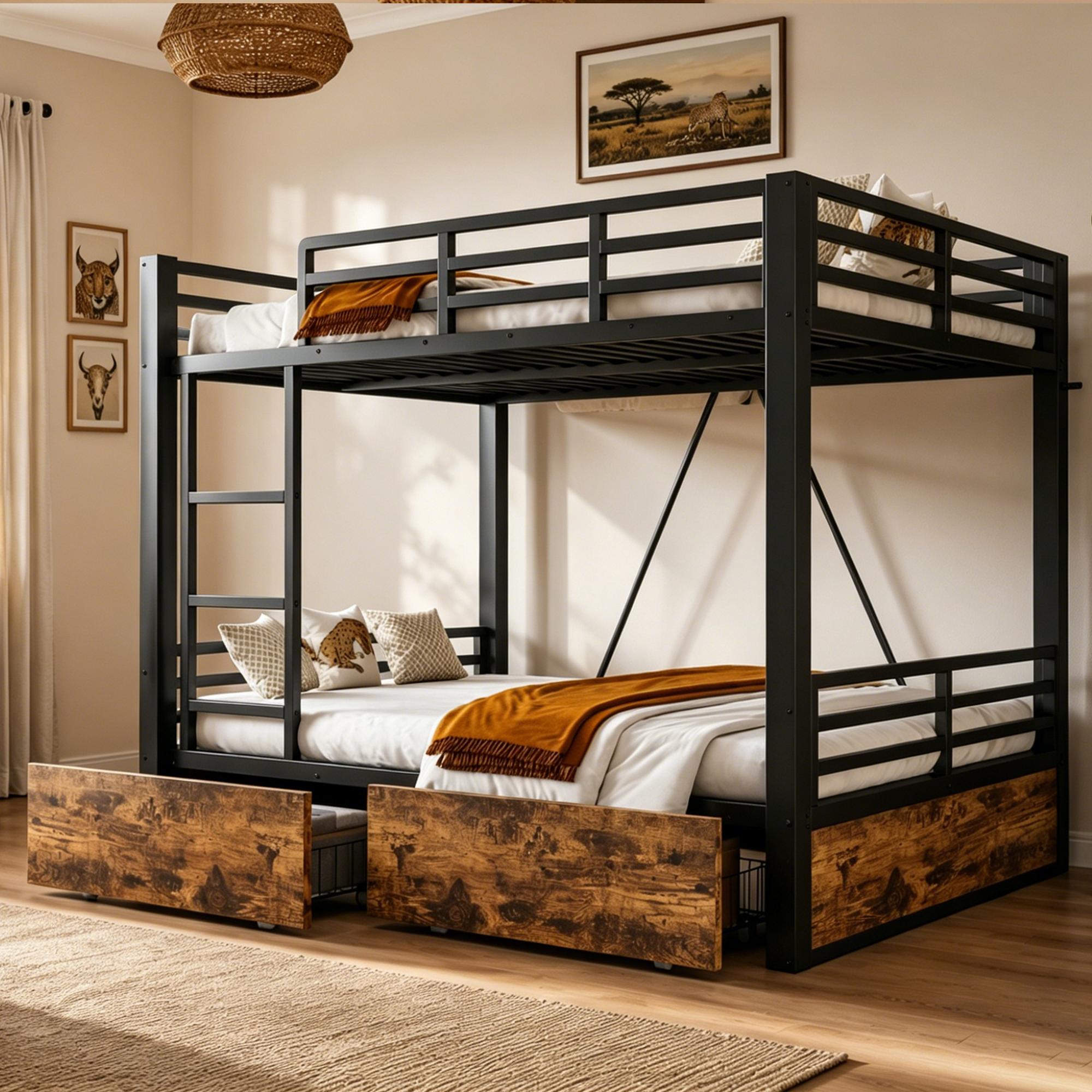 Merax Metallbett Etagenbett 140x200cm mit Schubladen und Leiter, Kinderbett Hochbett mit Sicherheitsgeländer, Metallrahmen Platzsparend, Schwarz