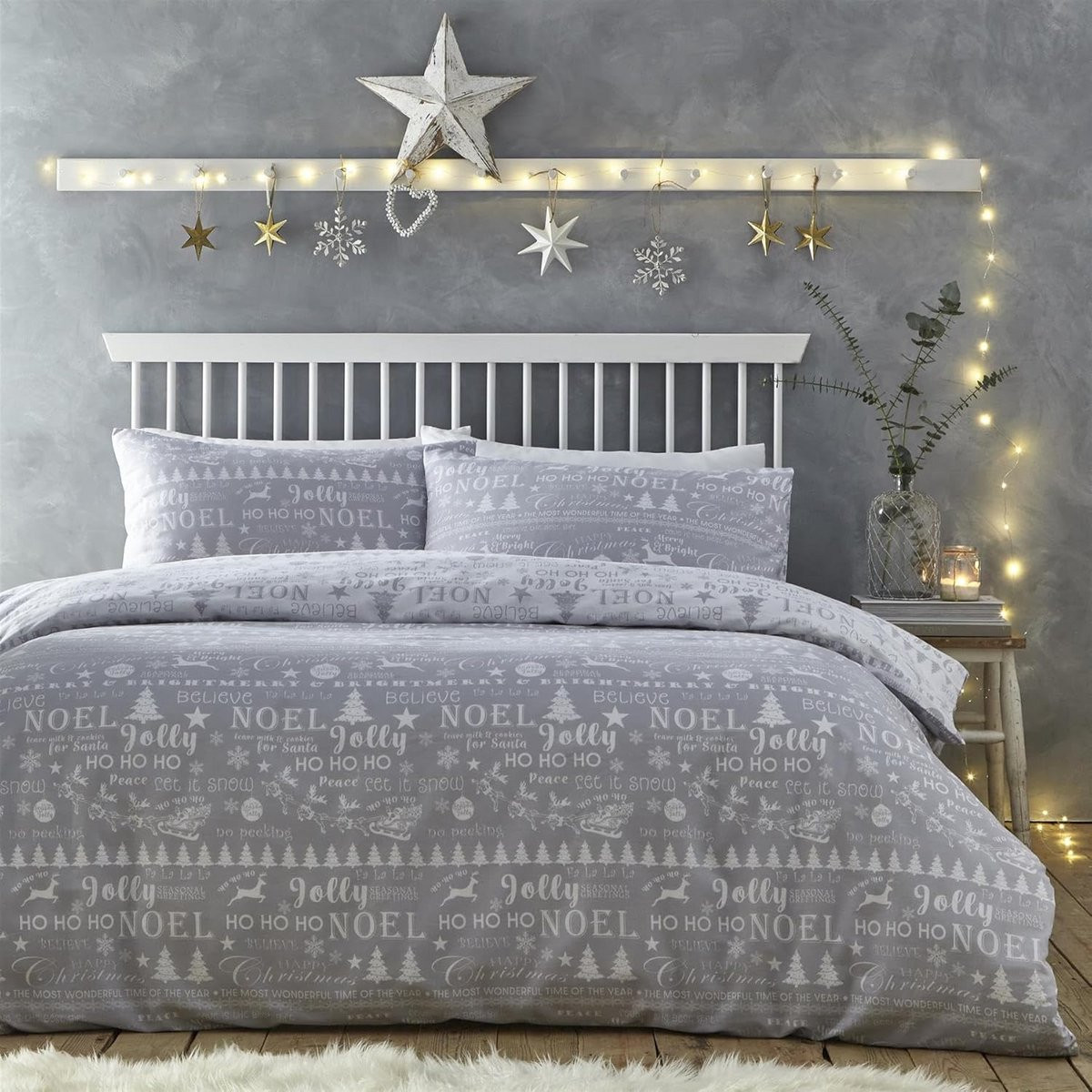 Kerst Dekbedovertrek Set met Omkeerbaar Ontwerp, Kingsize 220x230 cm, Zilver Grijs