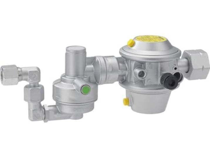 GOK Caramatic DriveOne Druckminderer mit Crashsensor, Gasdruckregler 30 mbar für Wohnwagen/Wohnmobil, horizontale Ausrichtung, Eingang 90°, PS 16 bar