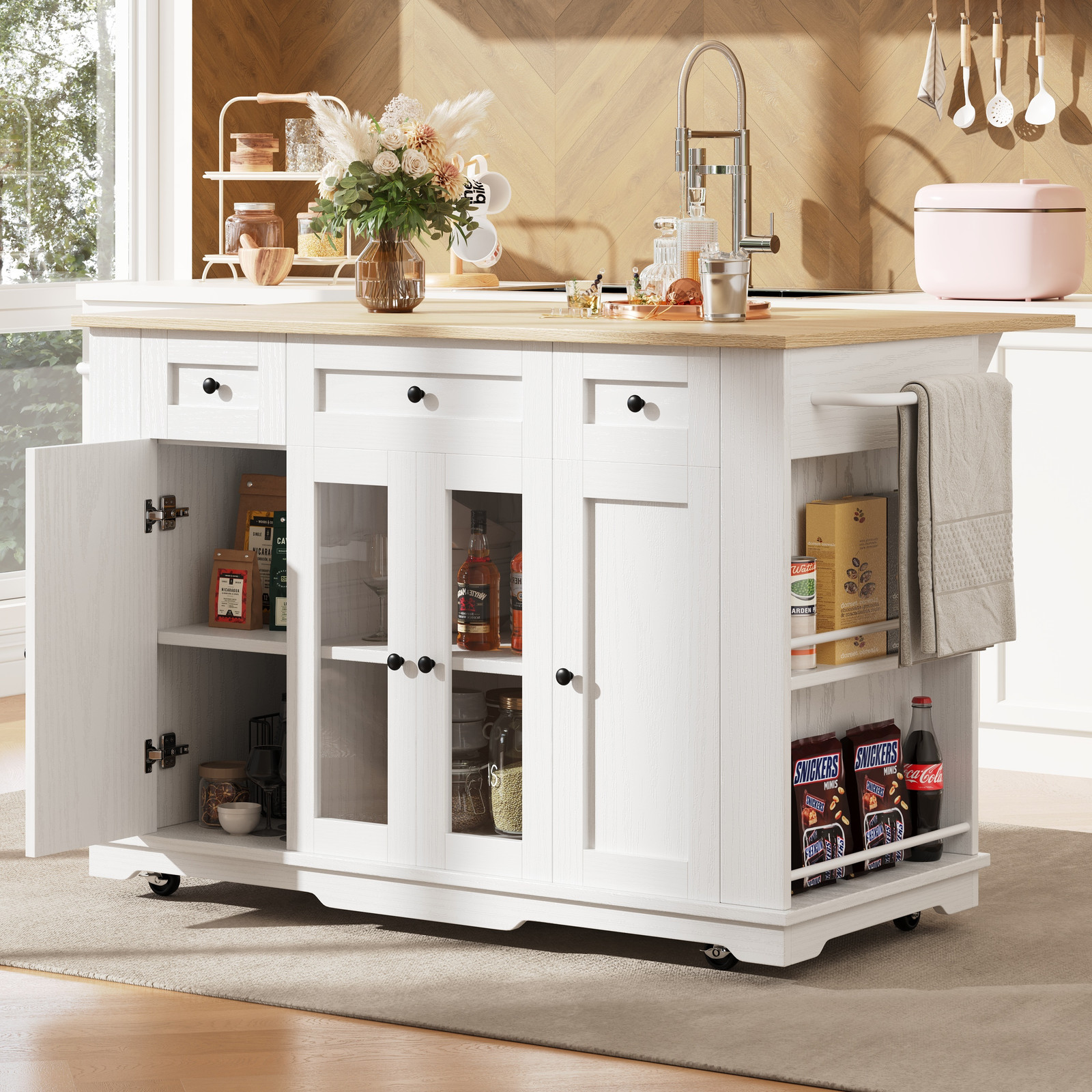 OKWISH Keukeneiland met houten structuur en gehard glas, wit, met klapblad