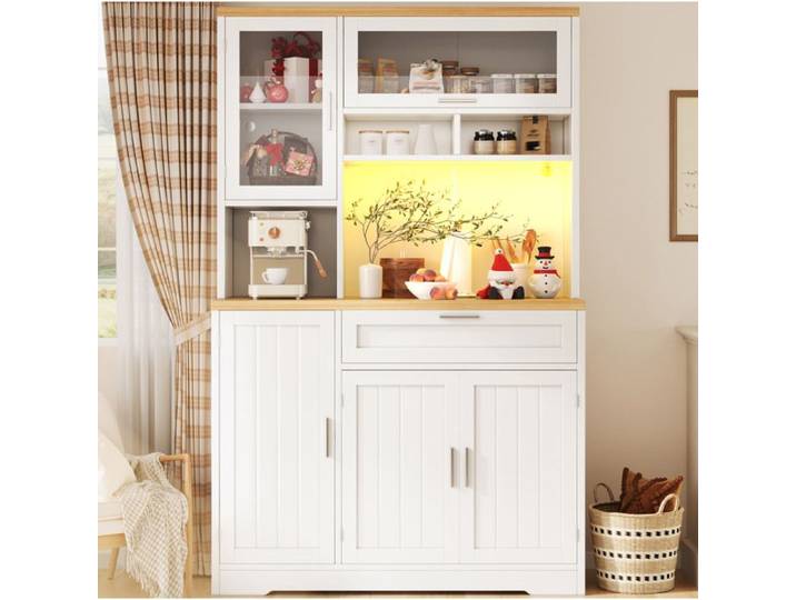MEUVYX Armoire haute de cuisine avec 5 portes 1 tiroir et LED USB vitrine blanc 104 × 40 × 180 cm