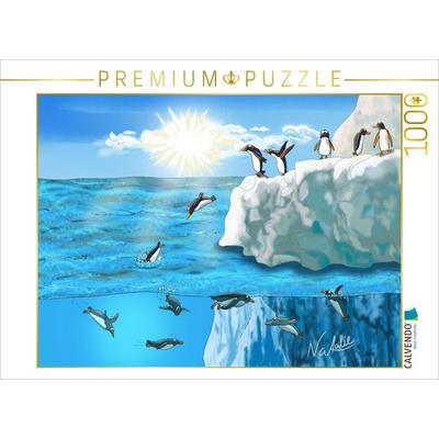 CALVENDO Puzzle Pinguin Sprung, ein Hüpfer ins kalte Nass | 1000 Teile Lege-Größe 64x48cm Foto-Puzzle für glückliche Stunden