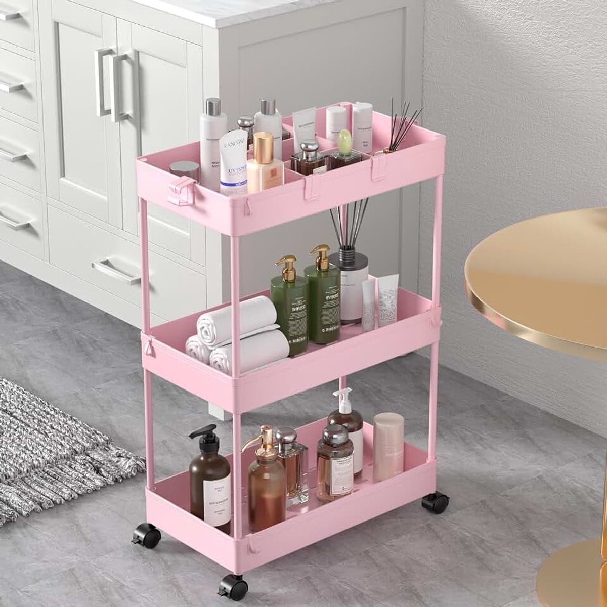 Slanke opbergwagen met 3 niveaus, mobiele rollende utility cart voor badkamer, keuken of kantoor