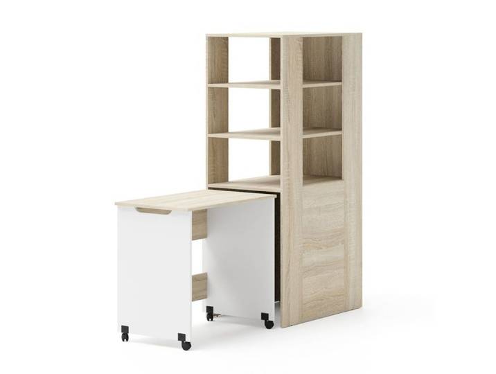 Bureau avec étagère - HOMLANDO - Samoa/Fuji - Bureau coulissant sur roulettes - Gain de place - Chêne sonoma/blanc mat
