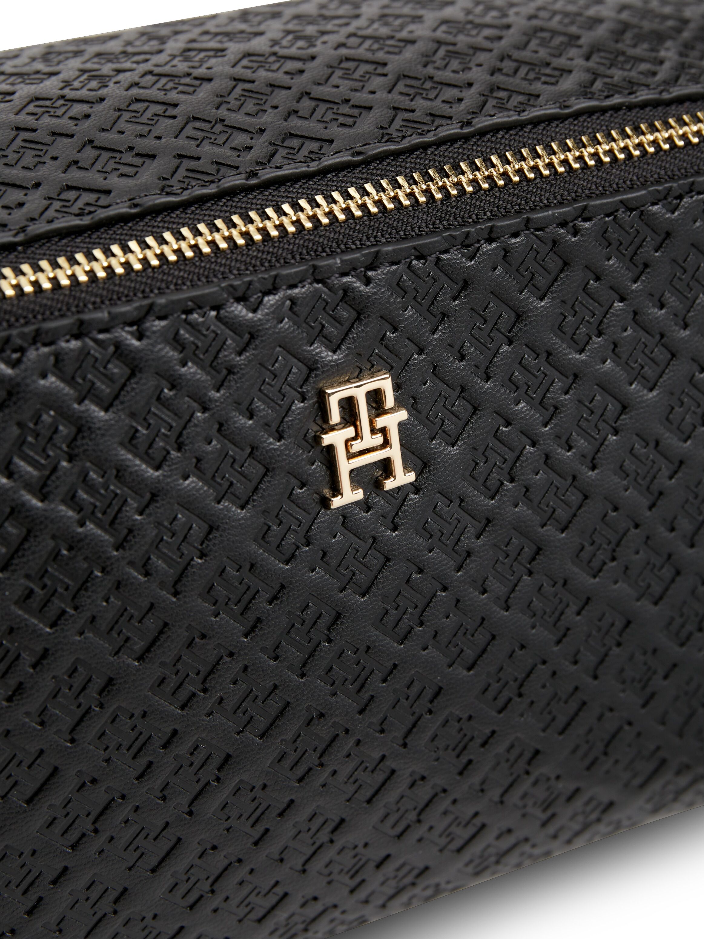 Kulturbeutel TOMMY HILFIGER "TH ICON DOUBLE WASHBAG MONO", Damen, Gr. B/H/T: 23cm x 11cm x 9cm, schwarz, Lederimitat, Taschen Kulturbeutel, Unisex Waschbeutel, Kosmetiktasche mit Allover-Logoprägung schwarz B/H/T: 23cm x 11cm x 9cm
