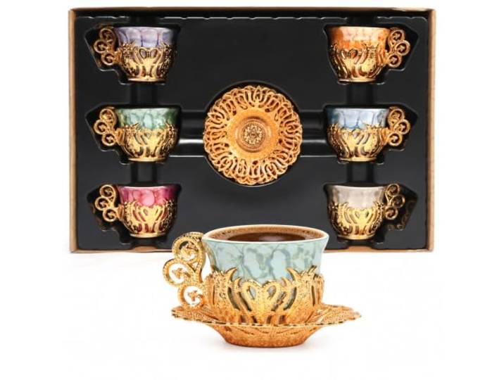 Alisveristime 12-teiliges türkisch-griechisch-arabisches Kaffee-Espressotassen-Untertassen-Set aus Porzellan (Gold)
