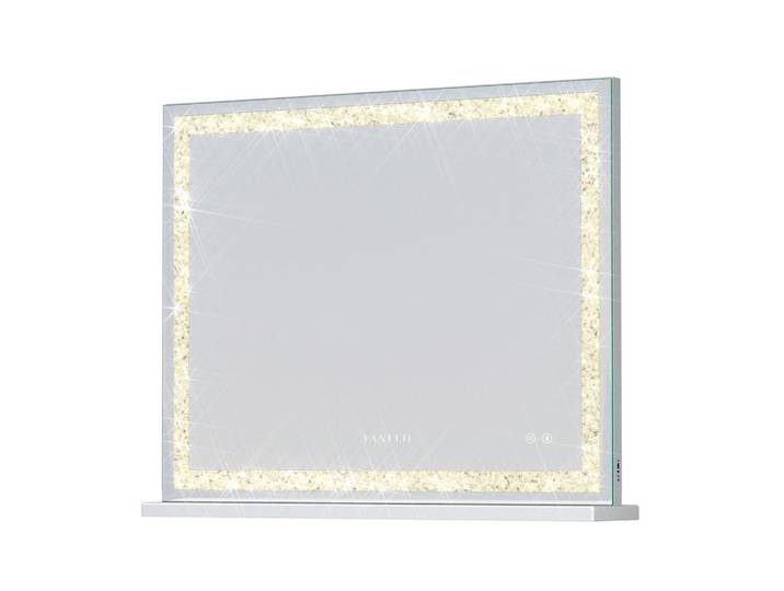 Vanitii Schminkspiegel mit Beleuchtung LED Lichtleiste gestreute Diamanten und Bluetooth weiß 100/80 cm, Weiß, Metall, Mode, Rechteckig, 100x80x15 cm, Spiegel, Schminkspiegel