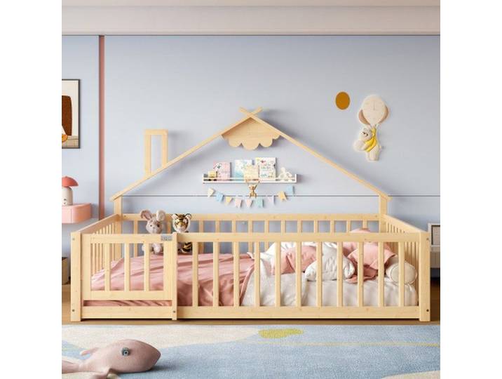 Lit plat enfant 140x190 cm – garde-corps verrouillable en bois de pin naturel