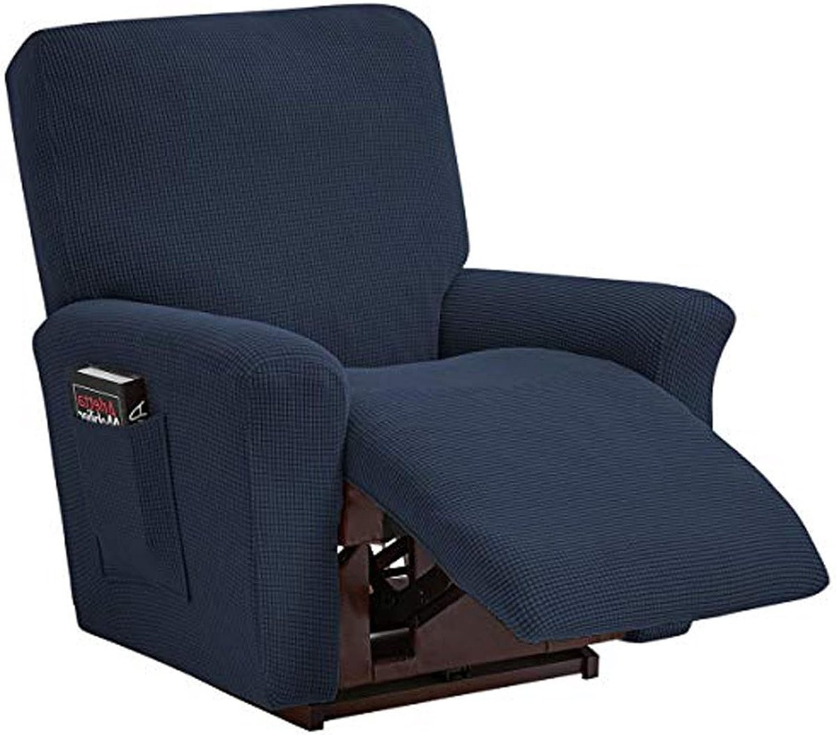 Stretch armchair cover met zakken, fluweelachtige beschermhoes voor fauteuils, navy blauw