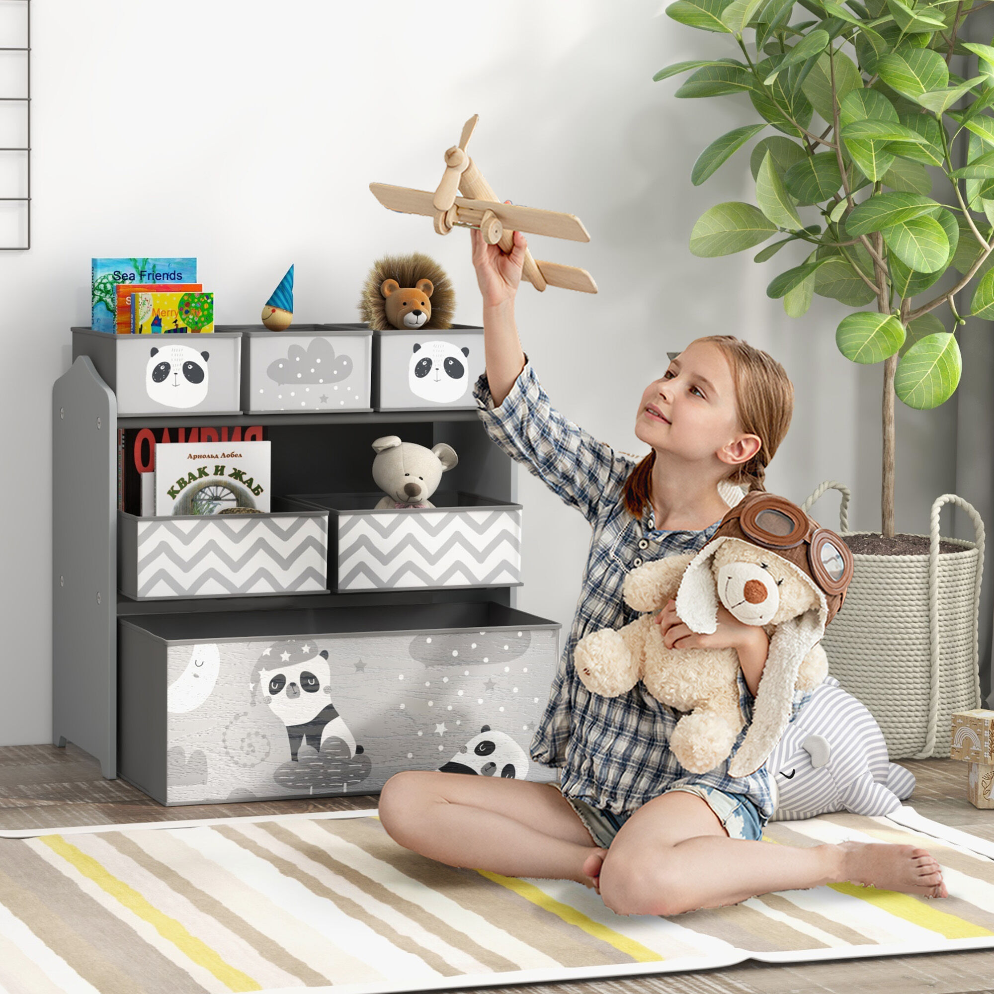 Altro Scaffale Portagiochi Per Bambini Con 6 Contenitori Rimovibili In Tessuto, 63x30x66cm, Grigio