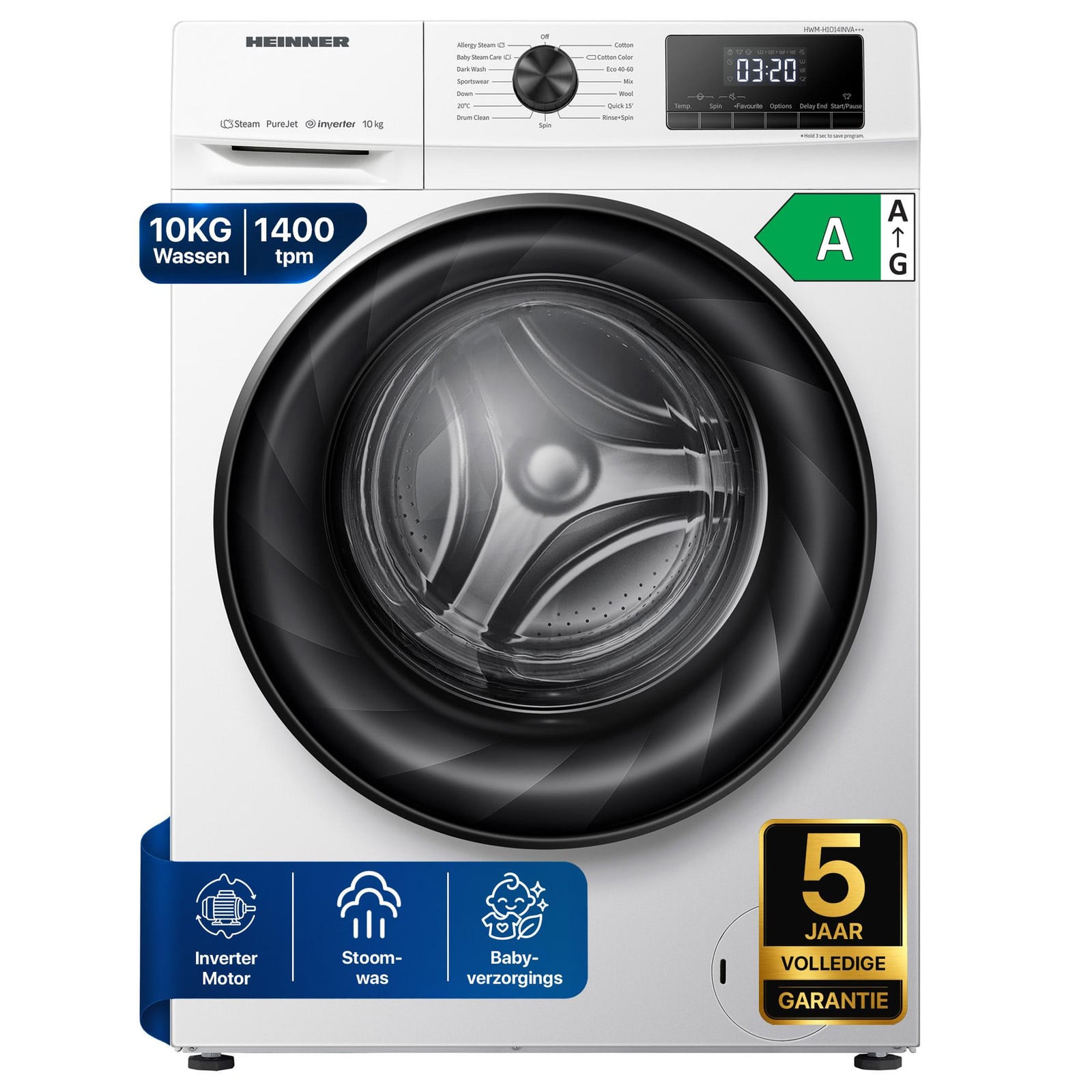 Heinner HWM-H1014INVA Voorlader Wasmachine 10 kg, 1400 tpm, Inverter, Stoom, Wit