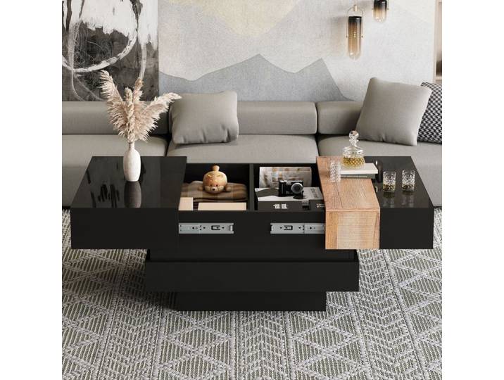 Table basse carrée extensible - 70x70x39 cm - Espace de rangement caché - Design bicolore - Noir