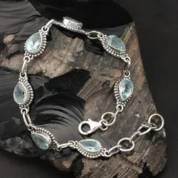 Drachensilber Armband Blauer Topas Edelstein Teardrop Facettenschliff edles Damen Armschmuck 925 Silber Schmuck - Silber;Blau