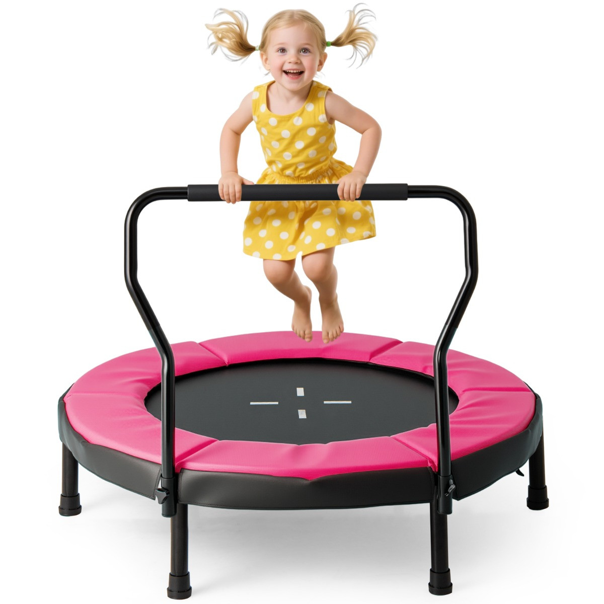 Costway Kindertrampoline Fitness-trampoline voor Binnen met Afneembare Handgreep, Roze, Ø102 cm