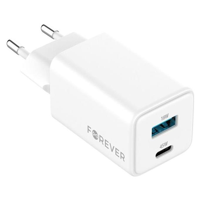 Forever TC-08-45AC GaN PD QC charger 1x USB-C 1x USB 45W white (45 W, 2 Ports) (GSM187243)