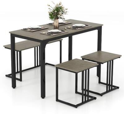 Costway 4 Pieces Space-Saving Dining Table Set with Bench and 2 Stools-Oak