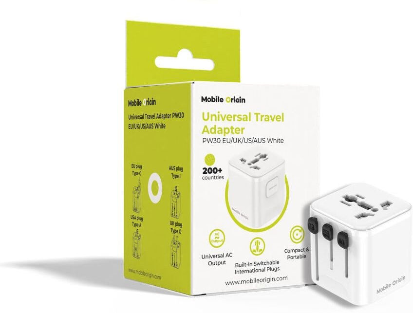 Mobile Origin 30W Universal Vægoplader m. Rejseadapter EU/UK/US/AUS - Hvid