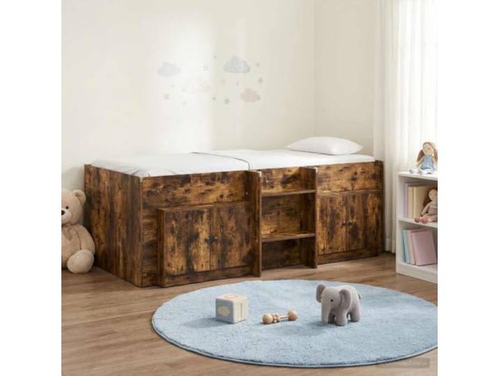 RJPLMFV Hochbett mit Schrank, 3-teilig, Eiche rauchfarben Strapazierfähiges Holzwerkstoff, stabile Leiter, Lamellen inklusive, geräumige Aufbewahrung, einfache Montage