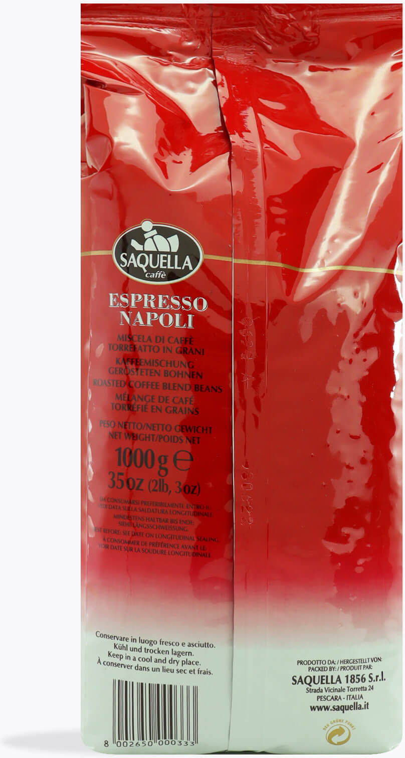 Saquella Espresso Napoli 1 kg   Ganze Bohne   60% Arabica, 40% Robusta   Italienische Röstung, intensiv aromatisch mit langanhaltender Crema