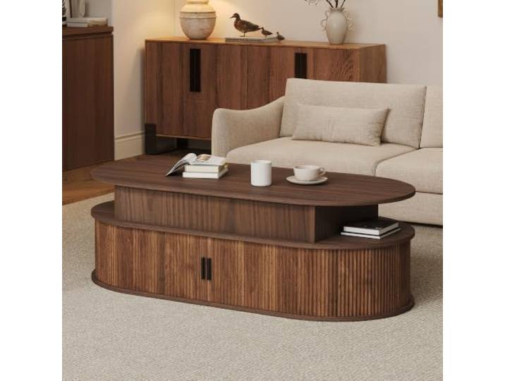 Merax Couchtisch höhenverstellbar oval 100x50 cm, Walnussoptik, Stauraum Ovaler Couchtisch mit Liftfunktion bis 55 cm, verstecktem Stauraum und 2 Rolltüren in Walnussoptik.