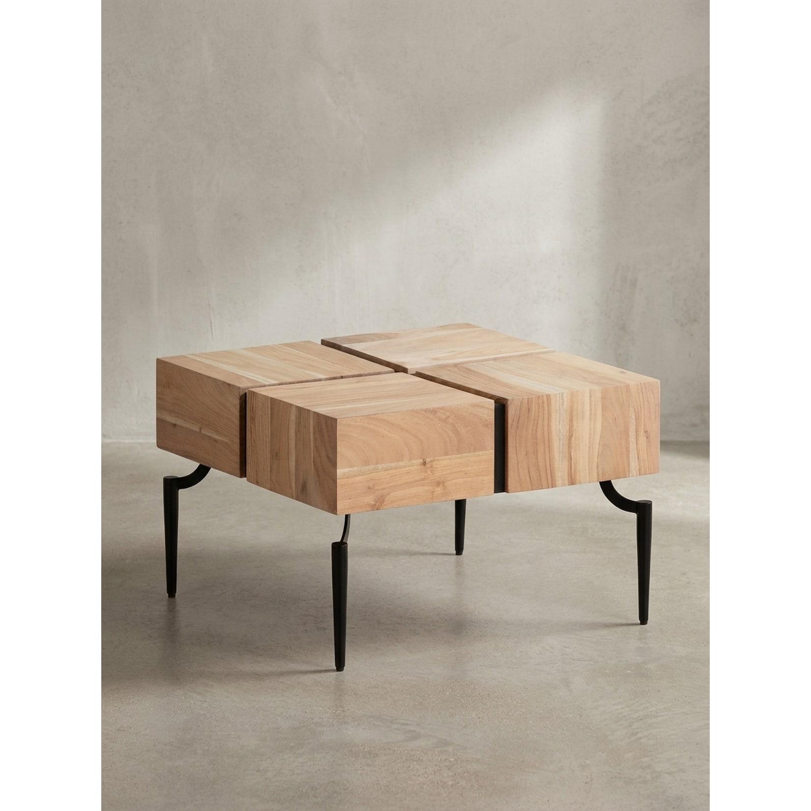 Couchtisch Massivholz Quadratisch Metallgestell Würfel-Form Modern, Akazie 60x60x40 cm