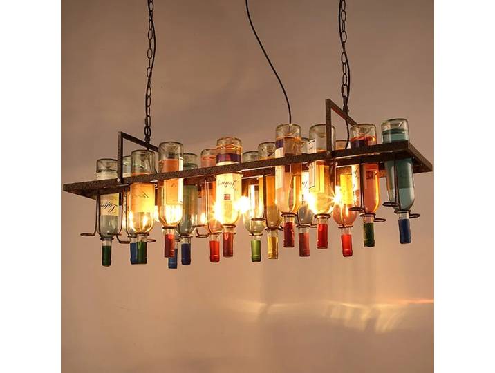 Lustre en verre de bouteille de vin de couleur métal rouillé industriel rétro américain, lampe à suspension décorative LED, café, bar, restaurant