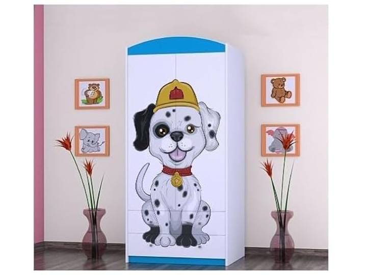 BDW - Kinder Kleiderschrank - Kinderschrank Super Hunde Motiv - Aufbewahrungsschrank für Jugendzimmer, Kinderzimmer - Drucke aus sicheren Farben - 187x88x54cm - Blau - Hund Feuerwehrmann