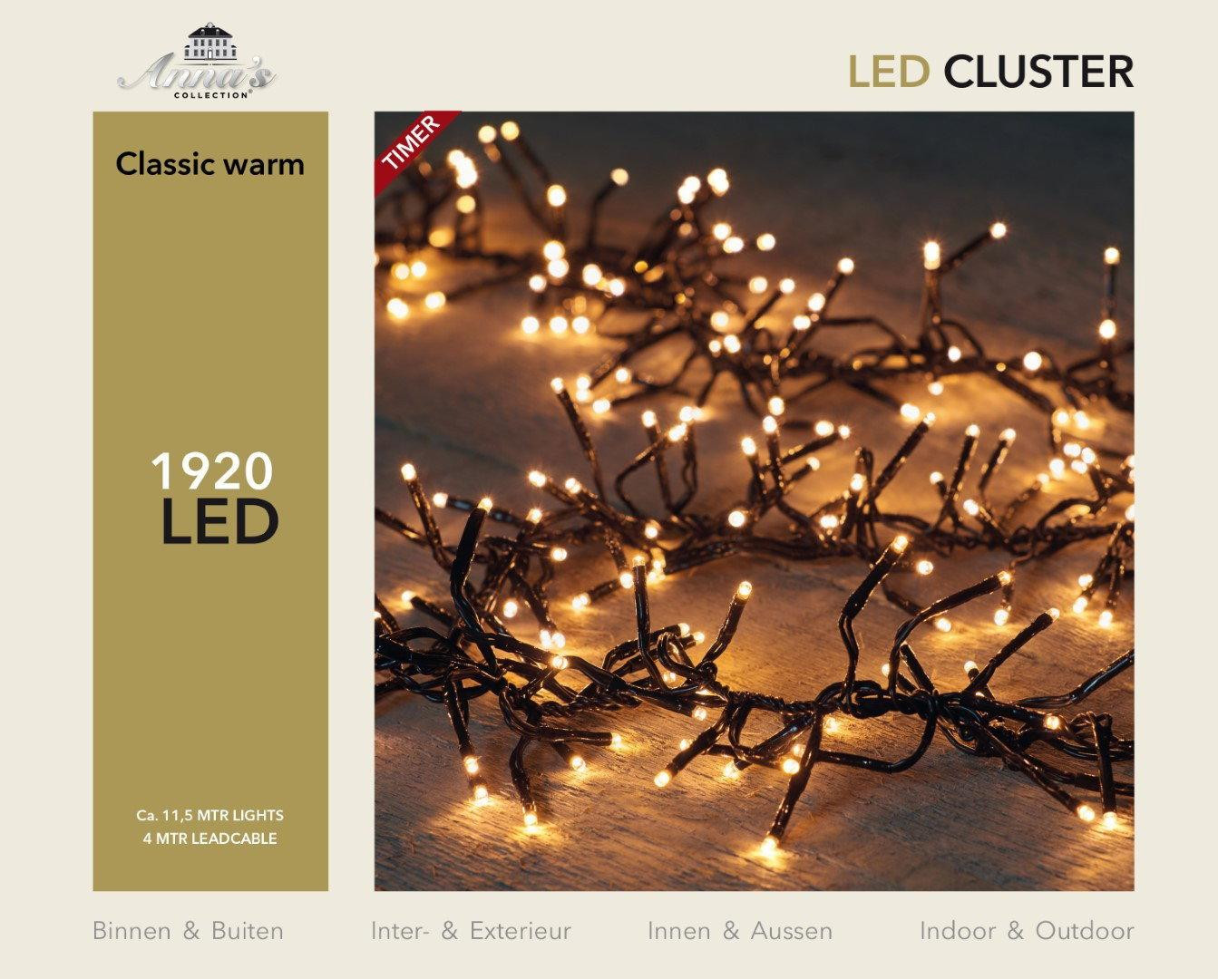 Anna's Collection Led Classic Cluster Kerstverlichting 1920 lampjes 11,5m - 4m aanloopsnoer zwart met bi-color trafo