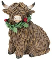 IH Casa Decor Polyresin Sitting Highland Cow with Wreath Figurine