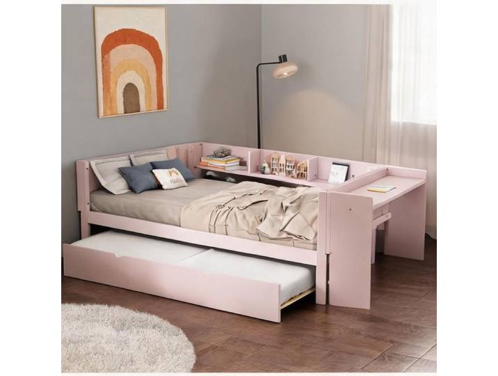 Lit enfant multifonction en pin massif rose avec bureau et lit gigogne 90x200 cm