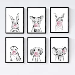 POSTER Set Mit 6 Tiere Babys Mit Kaugummi Hirschkuh Schweinefleisch Fuchs Eule Hund A3 Schwarzer Rahmen