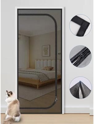 Uplift Picks Washable U Shaped Zipper Mosquito Screen Door Curtain For Pet Protection black Left U shape w80cm X H200cm