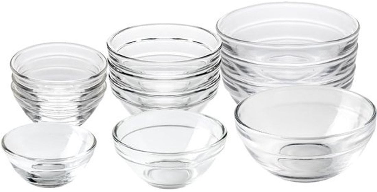 Set van 12 glazen schalen in 3 maten voor zout, specerijen en gehakte ingrediënten