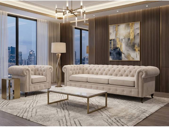 Xlmoebel Chesterfield-Sofa Beiges Chesterfield-Sofa 3+1-Sitzer Gesteppte Klassiker, 2 Teile, Gesteppte Polsterung, Chesterfield-Design