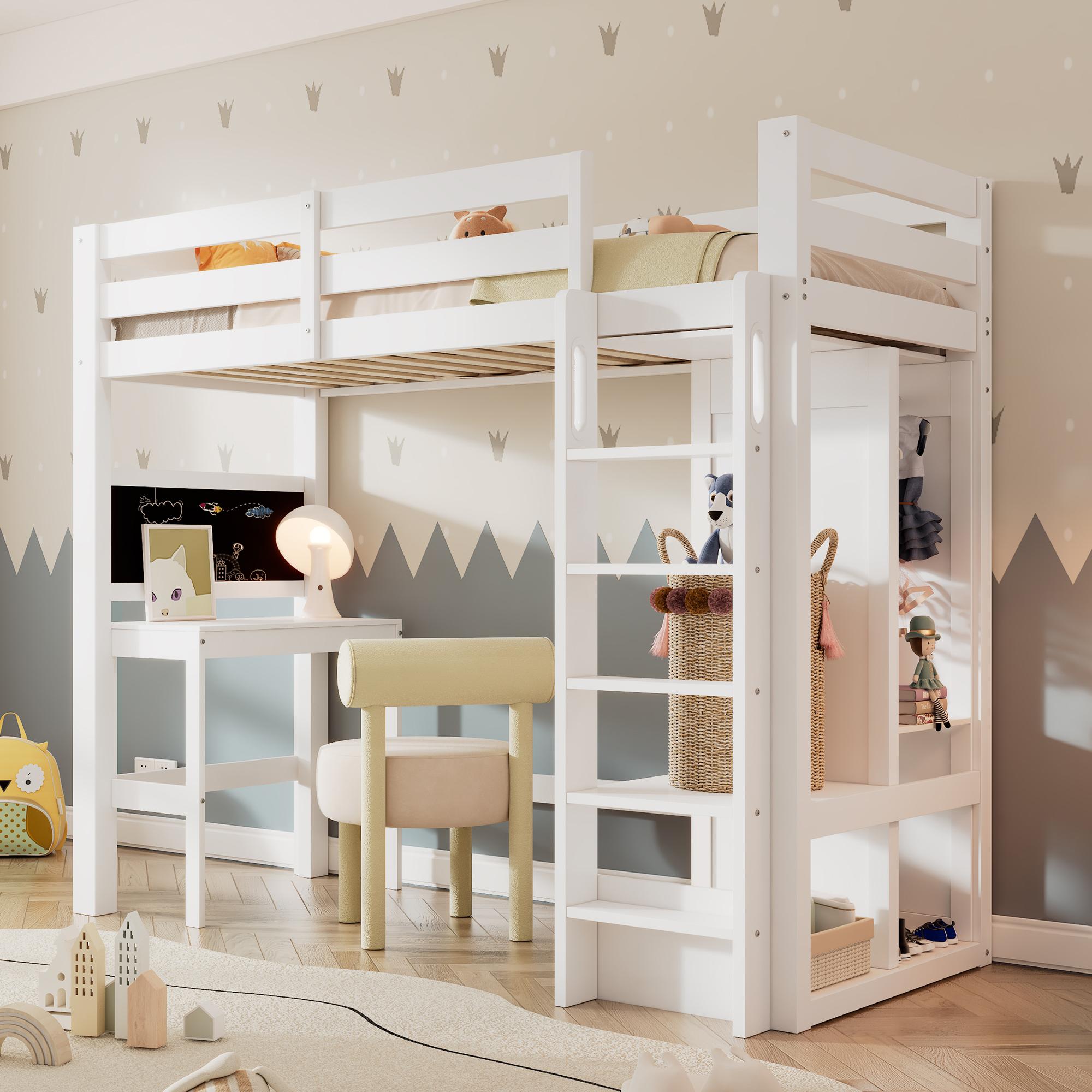Flieks Etagenbett 90x200cm mit Kleiderschrank, Hochbett mit Schreibtisch, Kinderbett mit Tafel und Regal, Stockbett mit Lattenrost, Weiß
