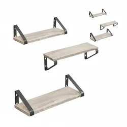 Relaxdays Wandregal, 6er Set, 3 Größen: 30, 35, 40 cm Breite, Holzoptik & Metall, Wandbretter für Bücher & Deko, greige