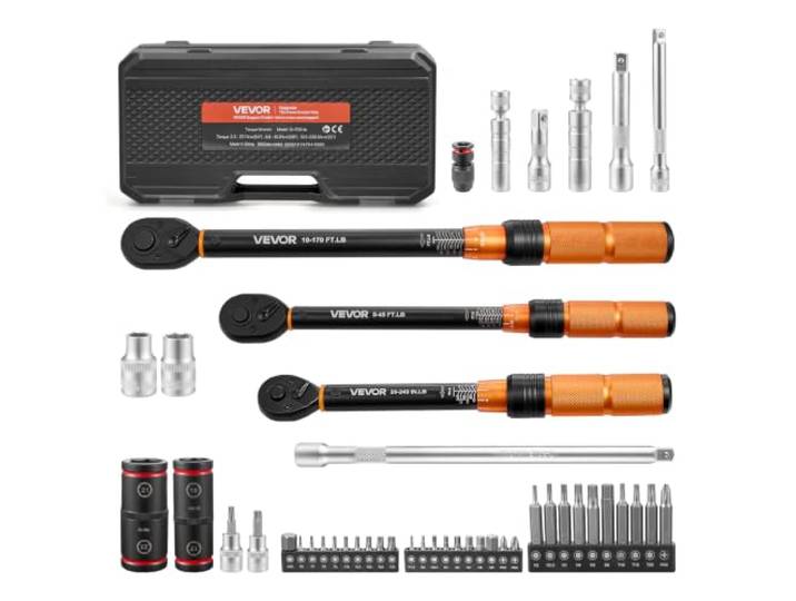 VEVOR Jeu de Clé Dynamométrique à Cliquet 47Pcs Entraînement 1/4\ 3/8\ 1/2\ Double Échelle\, Précision ±3 %\, pour Réparation Automobile avec Douilles à Bougie\, Embouts\, Rallonges\, Coffret de Rangment