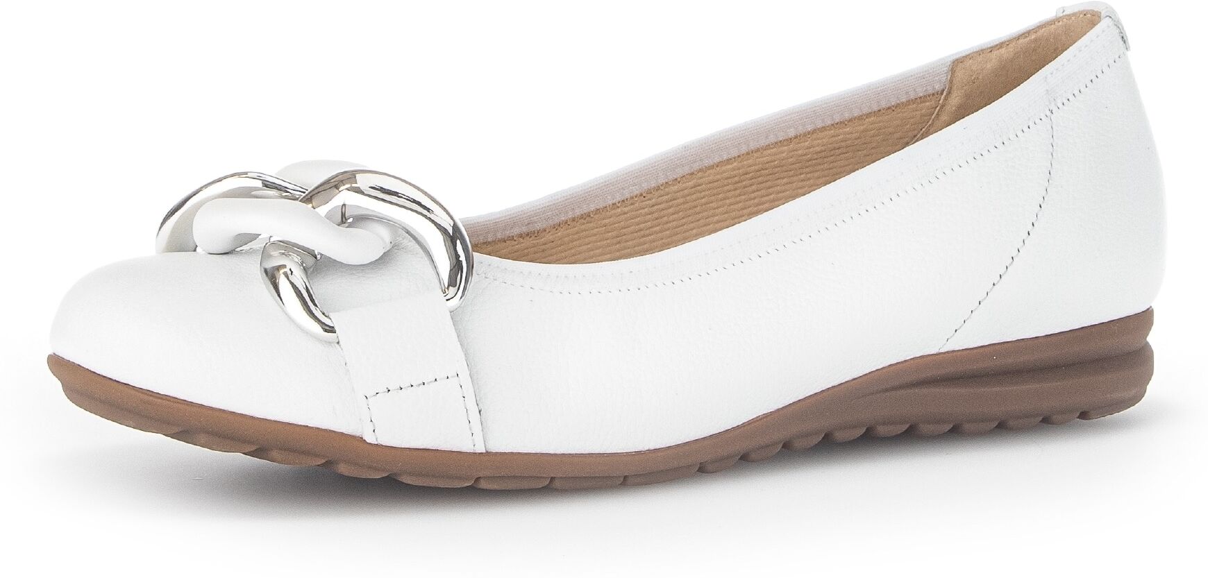 Ballerina GABOR "FLORENZ", Damen, Gr. 38,5, Fleece, weiss (weiß), Leder, Schuhe Ballerina, Hochzeitsschuh, Flache Schuhe, Slipper mit eleganter Zierkette weiß 38,5, Fleece
