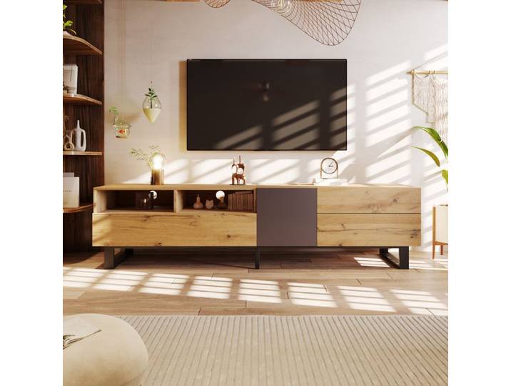 Meuble TV - Meuble TV moderne 180cm - Sans poignée (push-open) - Chêne & Anthracite - MDF & pieds métal