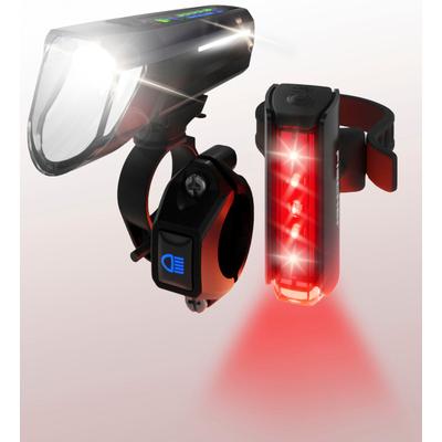 Fahrradbeleuchtung FISCHER FAHRRAD "LED-Akku-Bel. Set PLUS 100/180 Fernlicht + TWIN STOP", schwarz, Fahrradlampen
