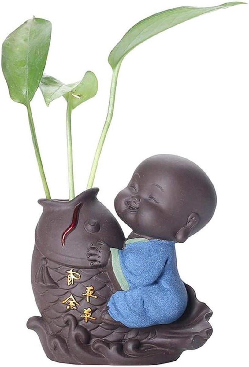 Handgemaakt Keramisch Boeddha Beeldje Maitreya Monnik - Bruin - Woondecoratie voor op tafel