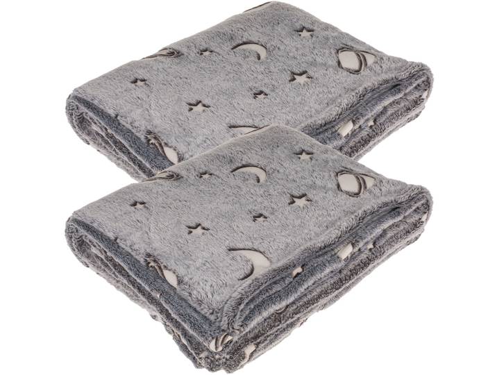 2er-Set Kuscheldecke aus Fleece mit Leuchtplaneten, 173 x 135 cm, grau