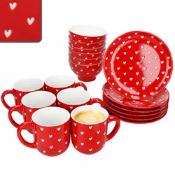 Love 18tlg Frühstücksset Porzellan rot Herzen weiß Teller Becher Schale Geschirr