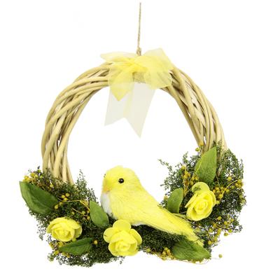 Kunstkranz I.GE.A. "Mit Blüten, Vogel und Schleife", gelb, B:20cm H:20cm L:5cm, Kunstpflanzen, aus Rattan, Türkranz