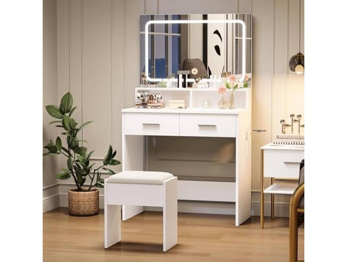 Zstar Moderner Schminktisch Mit LED-Spiegel & Hocker, Touch-Licht 2 Schubladen, Steckdose & Föhnhalter, Kosmetiktisch für Schlafzimmer