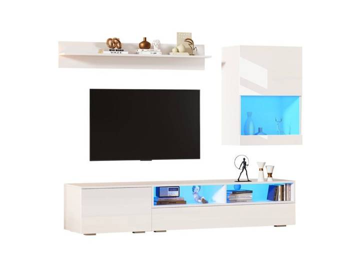 Logidon ensemble meuble TV mural 3 pièces blanc avec vitrine LED 175x39x34 cm