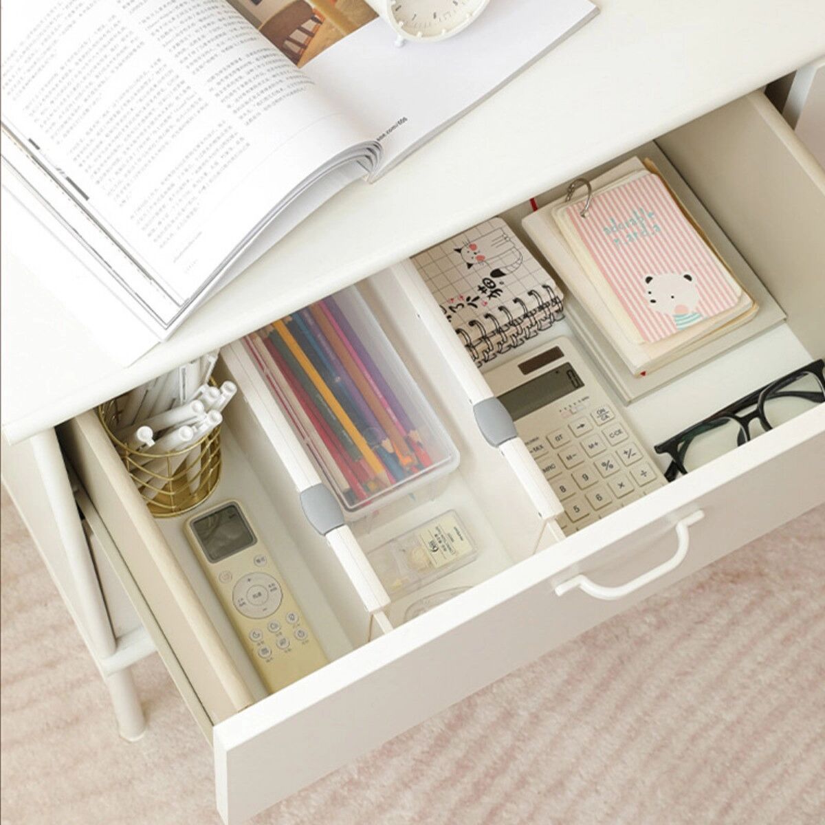 INF Diviseur de tiroir (Lot de 2) – Organiseur réglable en ABS+PET blanc avec sac OPP Grand